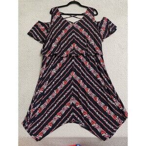 Maurice’s Cold Shoulder Navy Blue Pink Floral Midi Dress Blouson Sz 2 2X EUC